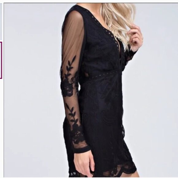 Wild Honey Womens |M| Black Lace Long Sleeve Deep V Dress - Picture 2 of 9